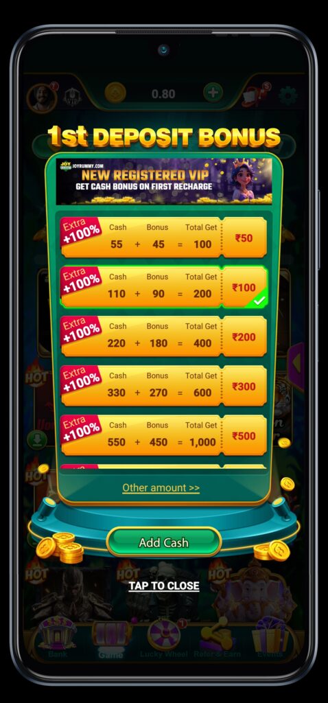 Joy rummy 1st deposit bonus instant 